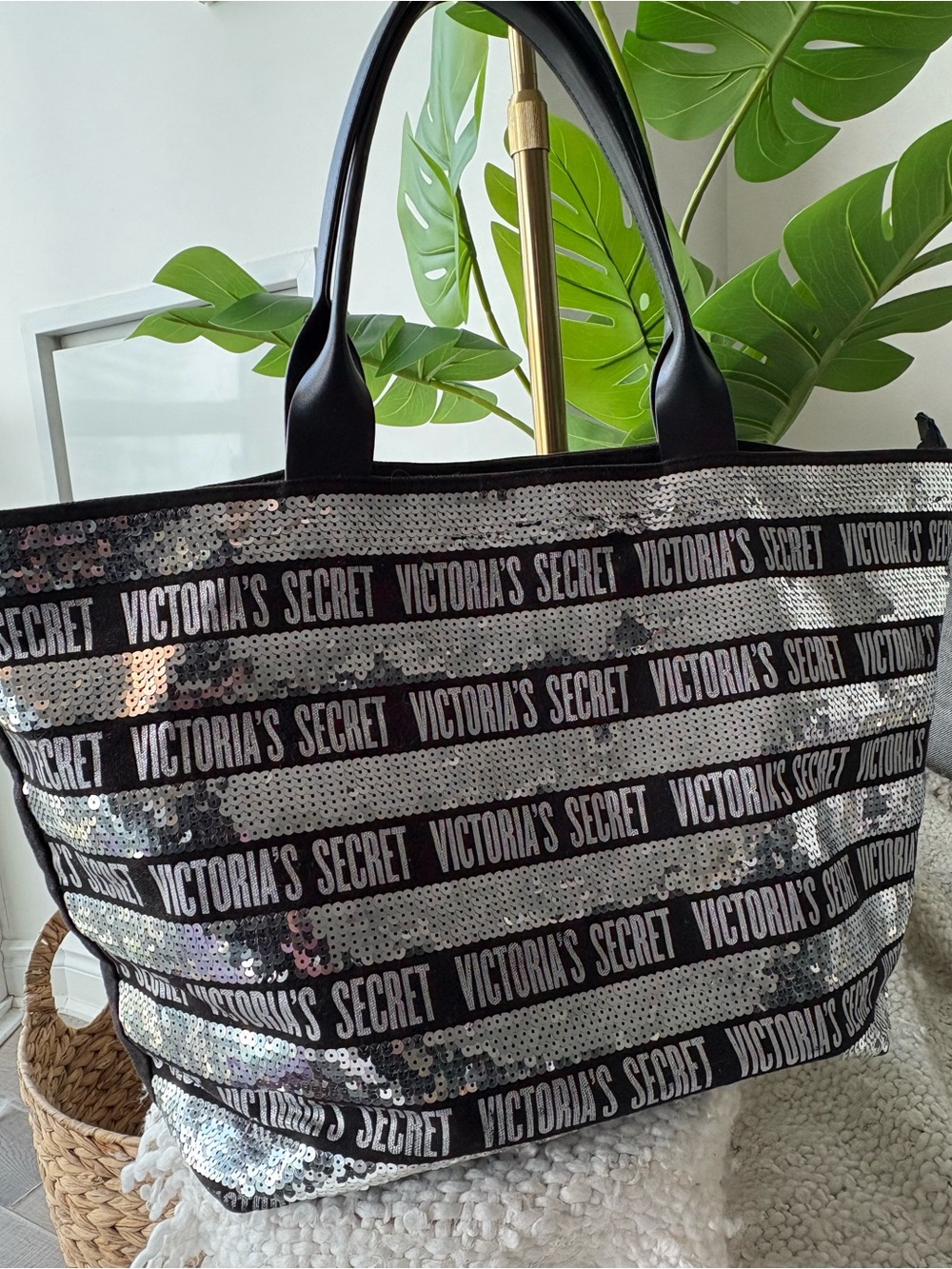 Victoria’s Secret Large Sequin Weekender Tote Bag Silver Black Travel